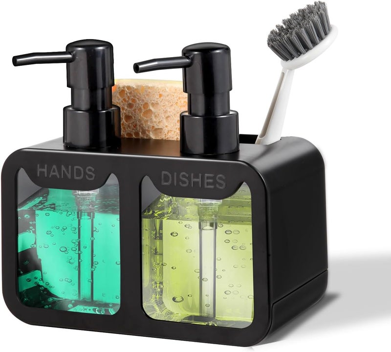 Eavida Kitchen Soap Dispenser Set, with Hand and Dish Soap, Sponge Caddy and Brush Holder 4-in-1 Kitchen Dual Soap Dispenser Set for Kitchen Sink, Bathroom - Black - Image 1